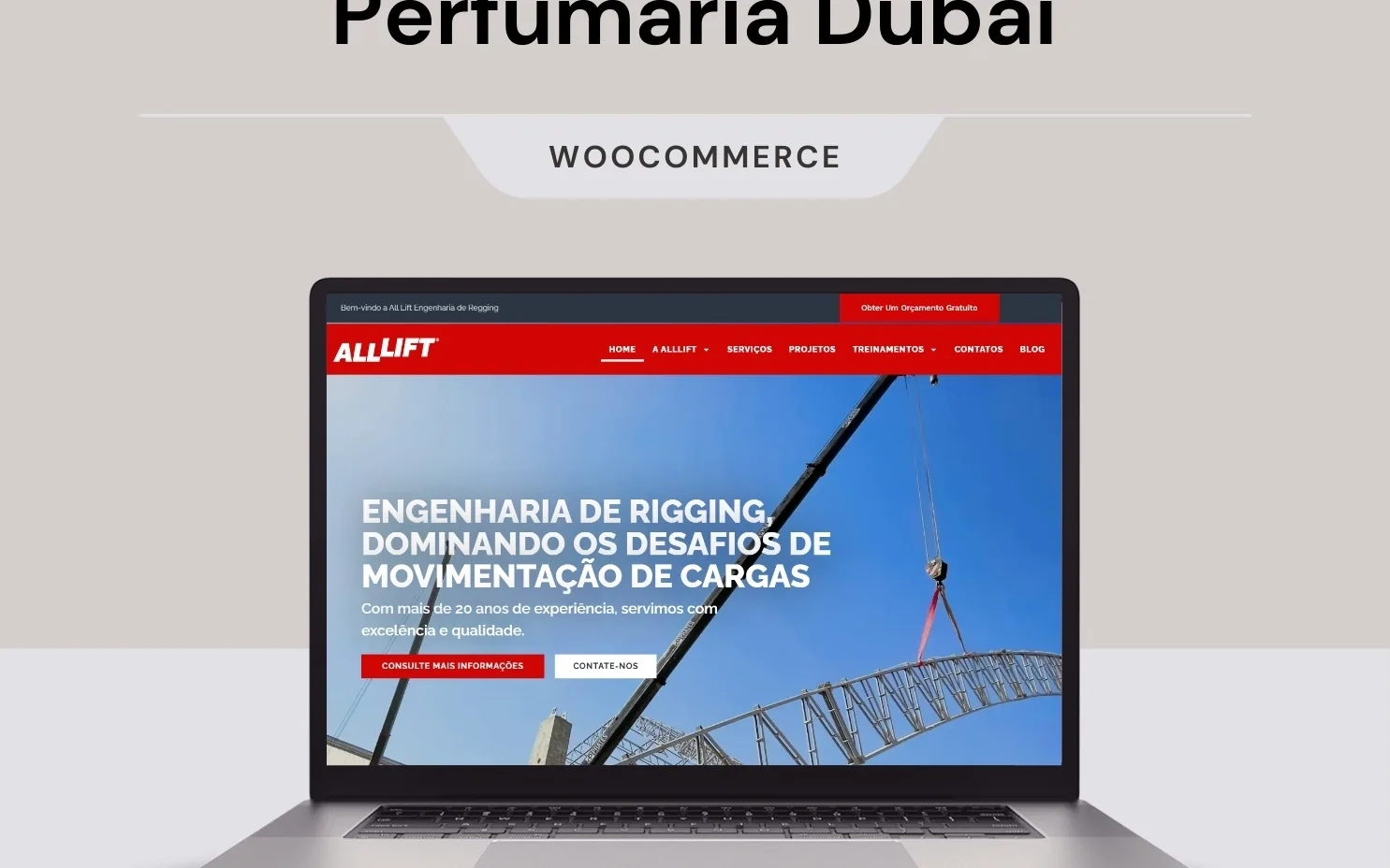 Página inicial do site da Alllift Engenharia exibida em um notebook