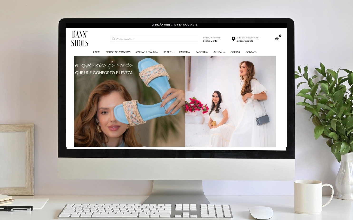 Página inicial da loja virtual Dann' Shoes exibida em um notebook