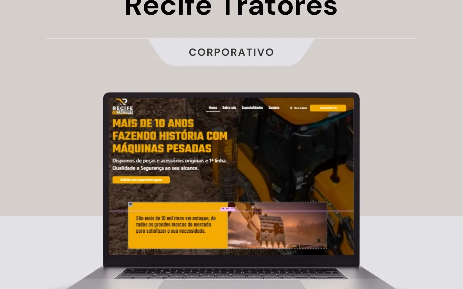 Página inicial do site da Recife Tratores exibida em um notebook