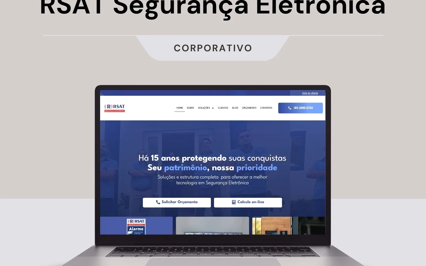 Página inicial do site da RSAT Segurança Patrimonial exibida em um notebook