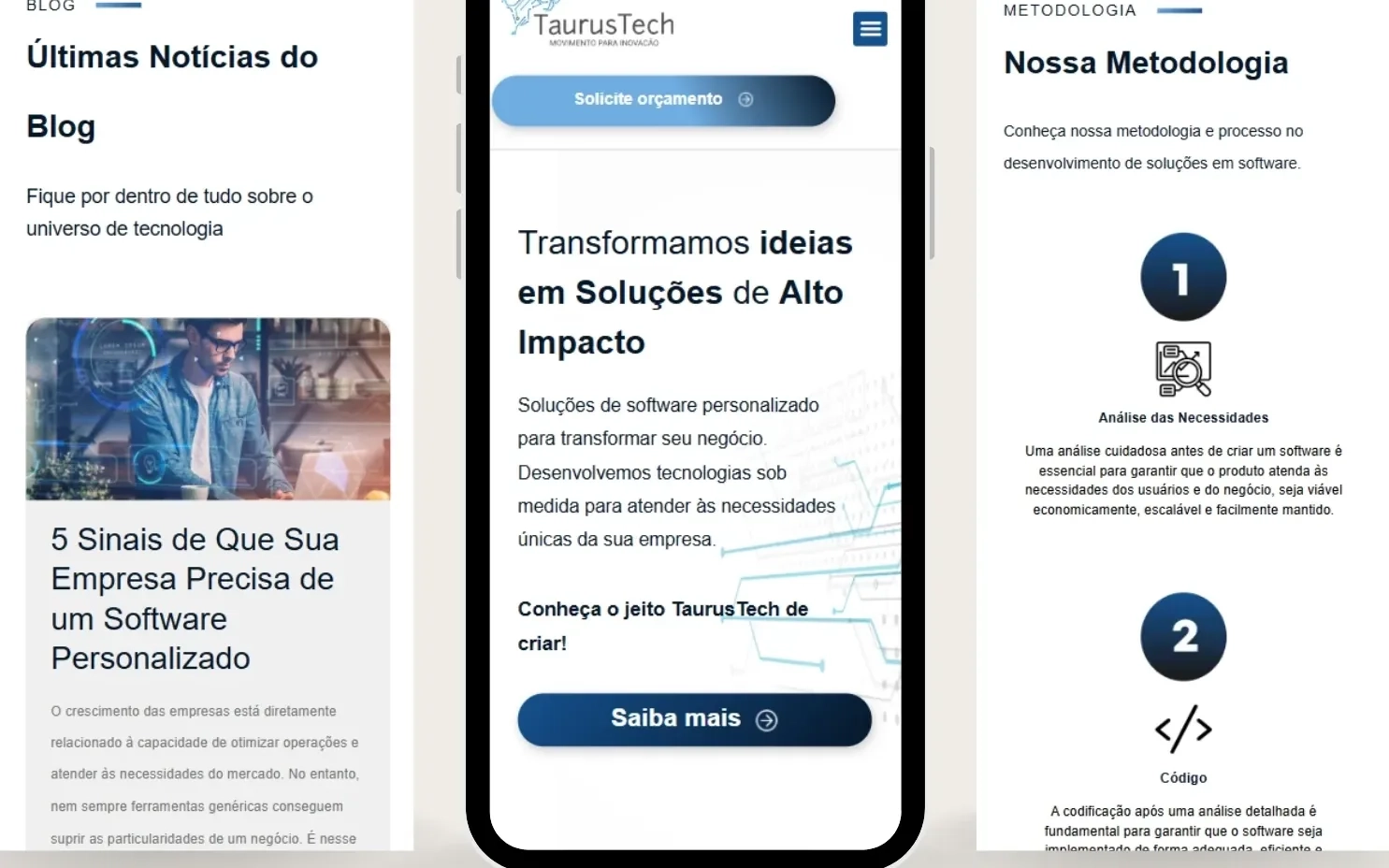 Página inicial do site da Taurus Tech exibida em um notebook