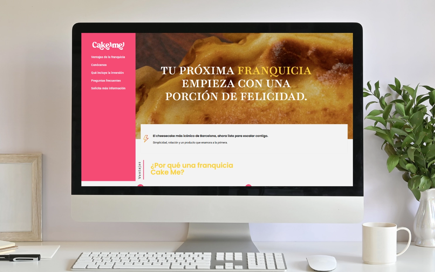 Página inicial do site The Cake-me exibida em um monitor